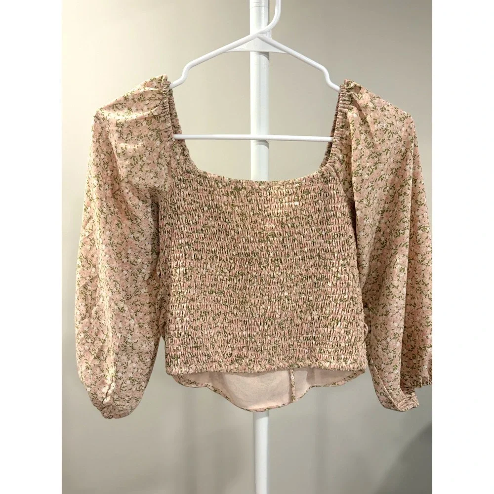 Ren Fair French Parisian Girl Top Ruched Milkmaid Top Long Puff Sleeve Small
